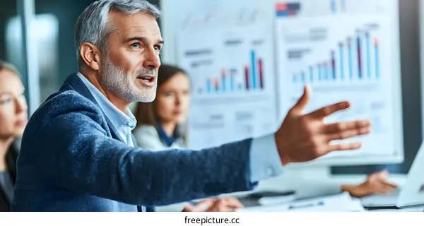 Businessman Leading a Meeting Presentation with Chart on Whiteboard