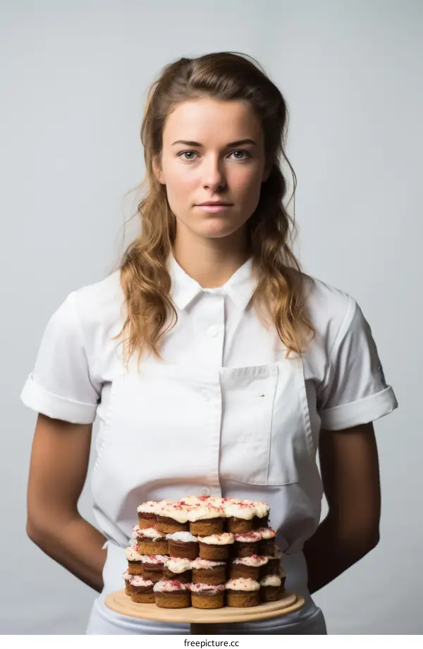 Portrait of a female pastry chef with a cake