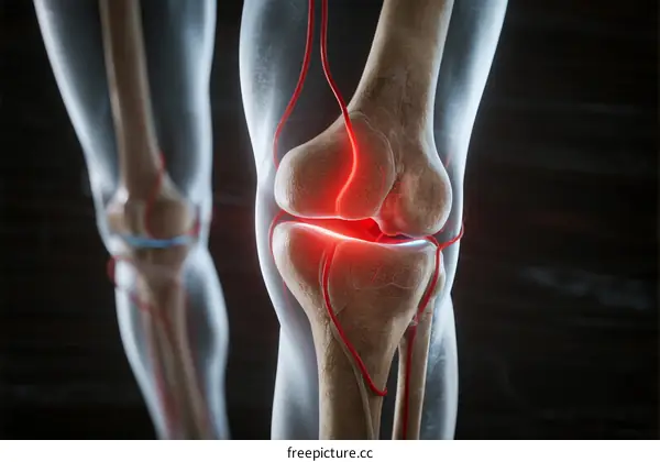 Human knee joint anatomy with red highlighting showing pain and inflammation