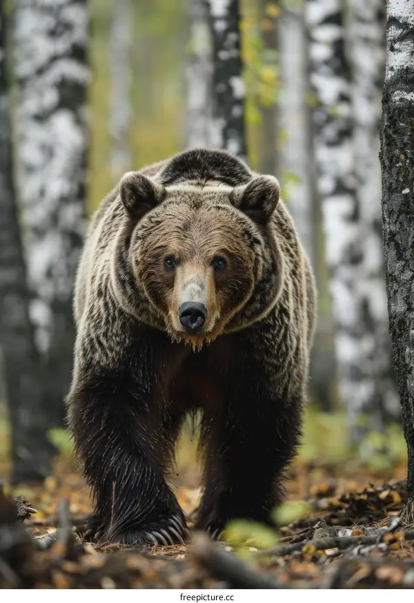 Large male grizzly bear walking through the forest