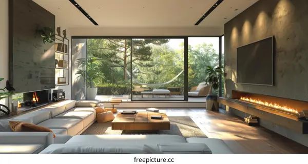 Modern house interior living room with large windows and comfortable furniture