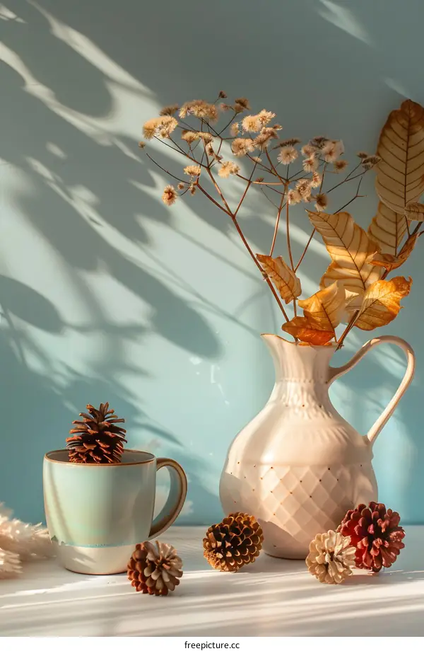 Dried Flowers in a Vase With Pine Cones and a Cup