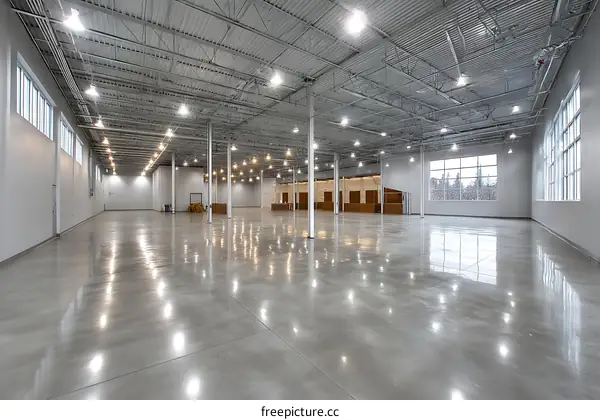 Empty Industrial Warehouse Interior with Polished Concrete Flooring