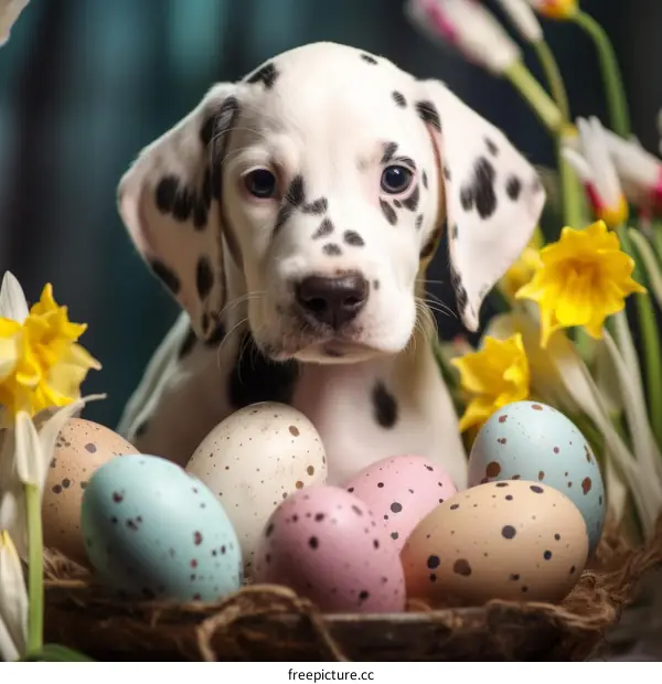 Dalmatian puppy in a basket with Easter eggs