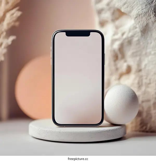 White Smartphone Mockup On Platform With White Sphere