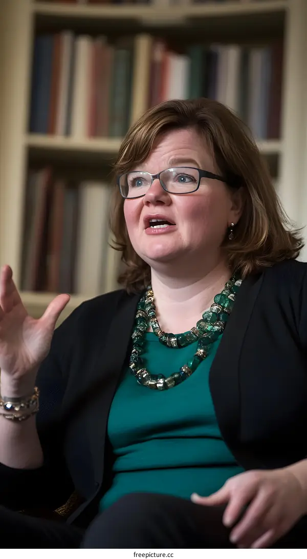 Portrait of a Woman in a Black Blazer and Green Shirt Speaking in a Room with a Bookshelf