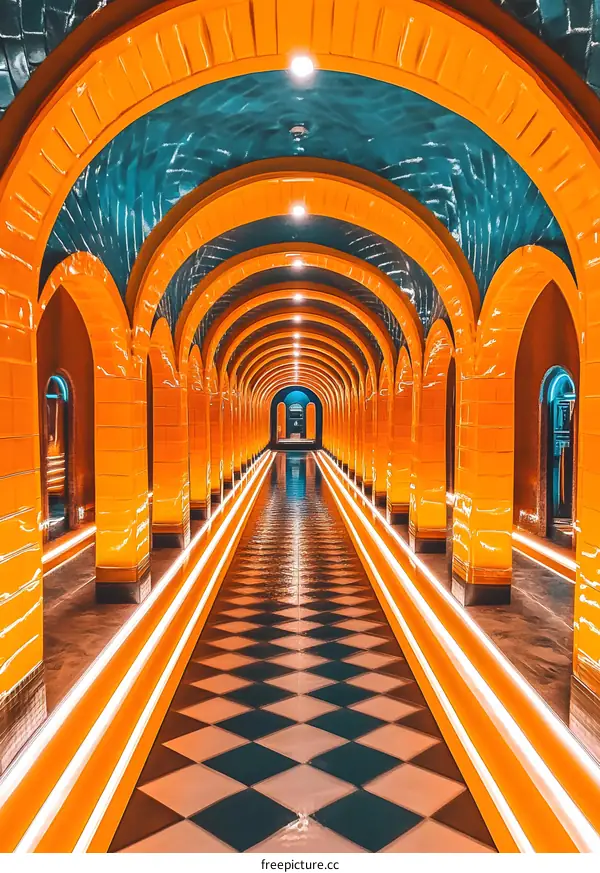 Orange and Blue Arched Corridor with Checkered Floor