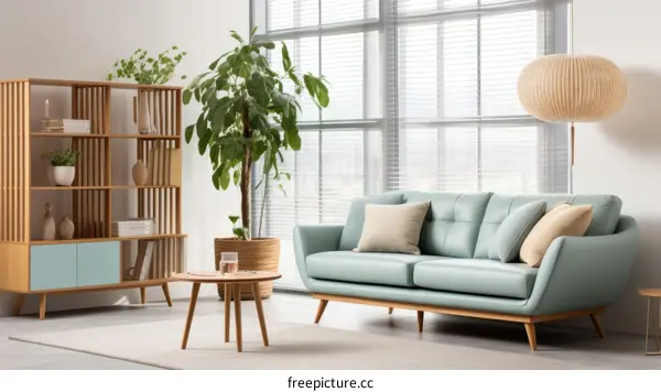 A stylish living room with a blue sofa, coffee table, and bookshelf