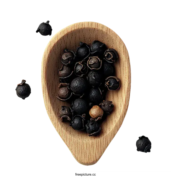 [Transparent Background PNG]Black Peppercorns in Wooden Spoon