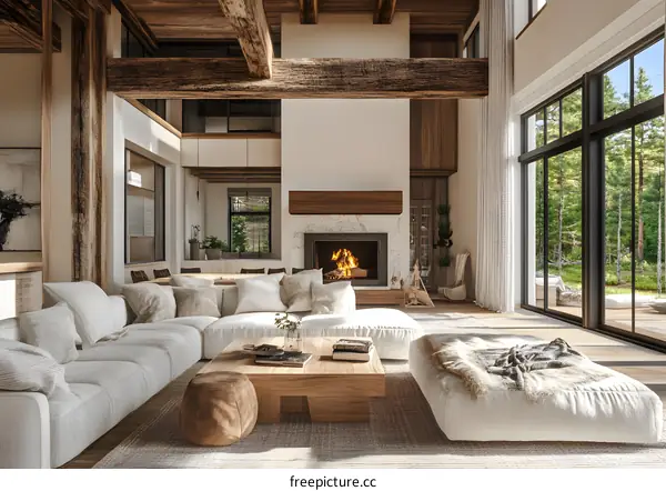 Modern Living Room with Fireplace and Large Windows