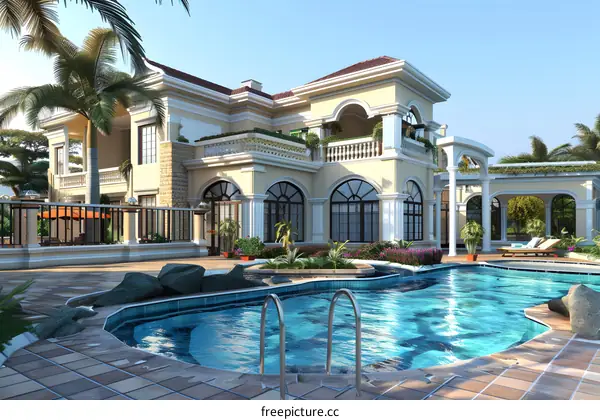 Luxury Villa With Swimming Pool And Palm Trees
