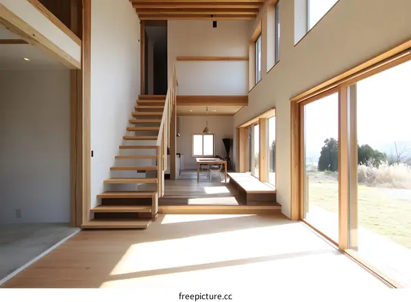 Modern Wooden Staircase and Open Floor Plan in a Minimalist Home