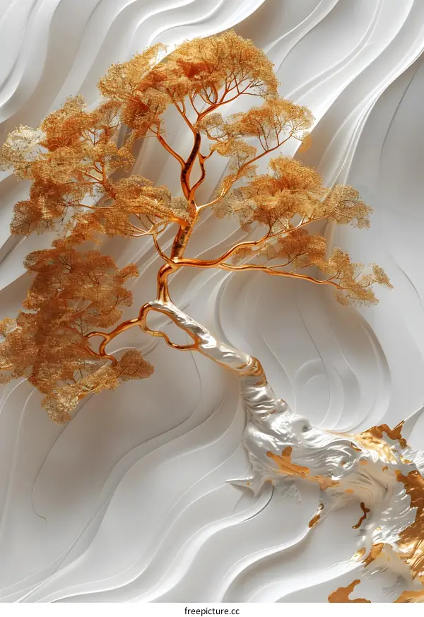 Golden Bonsai Tree on White Background