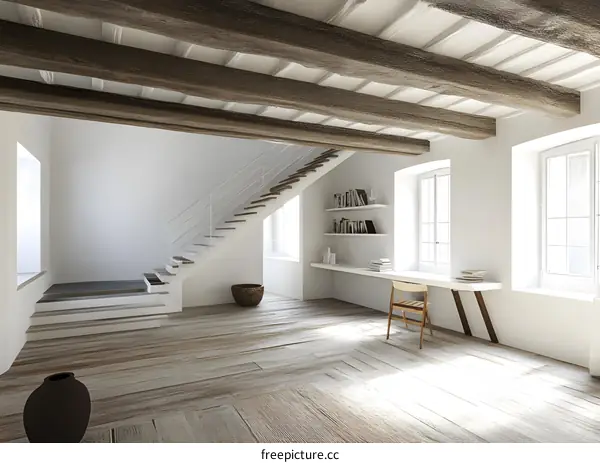 Modern Minimalist Home Interior with White Walls and Wooden Beams