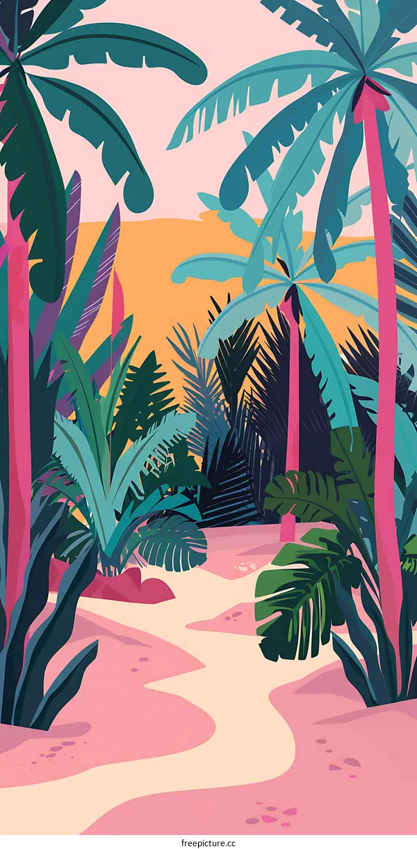 Tropical Palm Trees Illustration with Pink Sand
