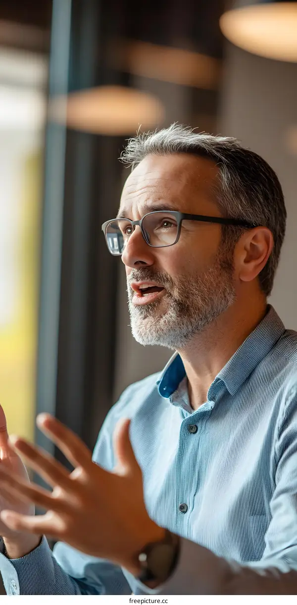 Man in Blue Shirt Gesturing with Hands