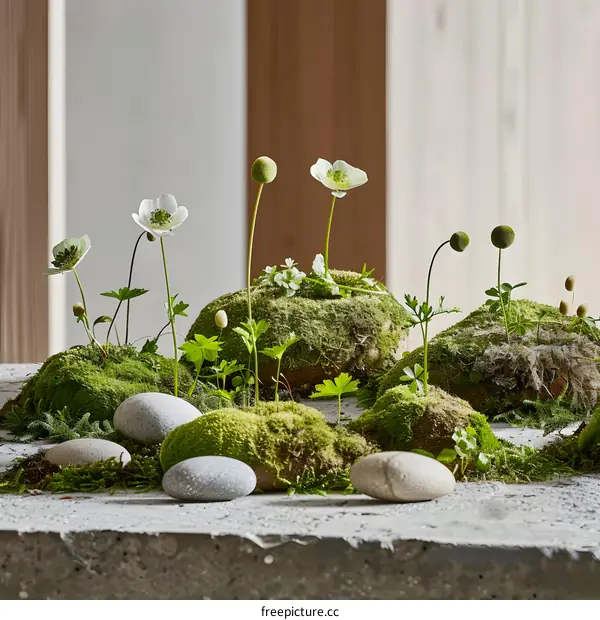 White Flowers Growing on Moss Covered Rocks