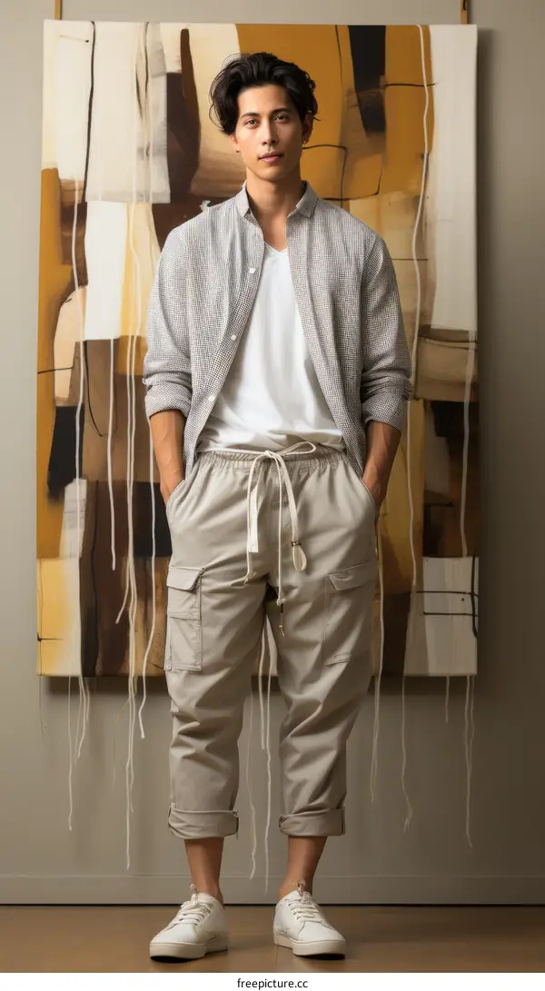 Asian man wearing a white shirt and beige pants