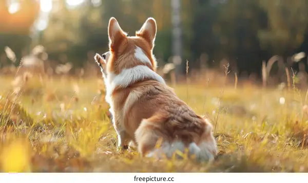 A cute Corgi sitting in a field of tall grass