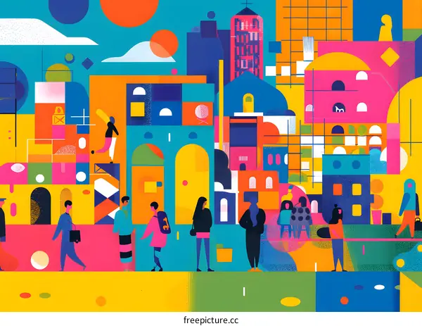 Colorful Geometric Illustration of a City with People