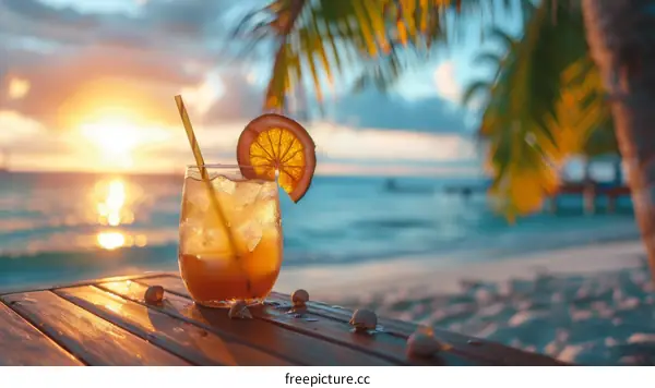 Refreshing beach cocktail at sunset