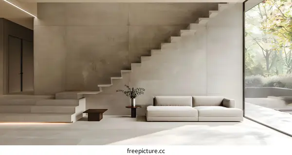 Minimalist Interior Design with Concrete Wall and Staircase