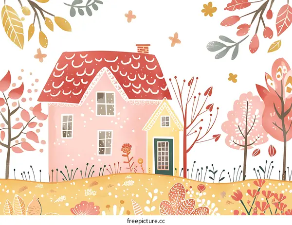 Cute Cartoon House in a Garden Illustration