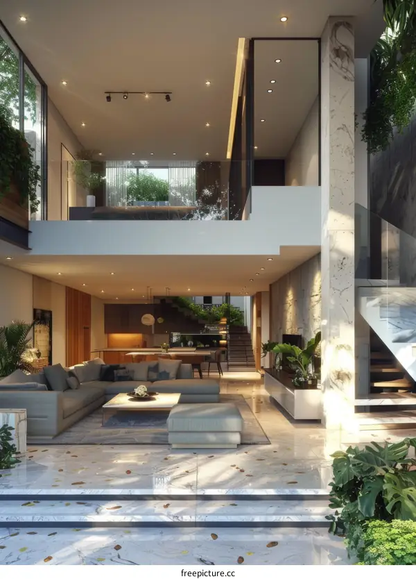 Duplex House: Elegant Staircase and Living Room Decor