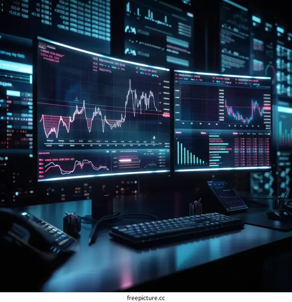 Futuristic Technology Trading Workplace with Multiple Monitors