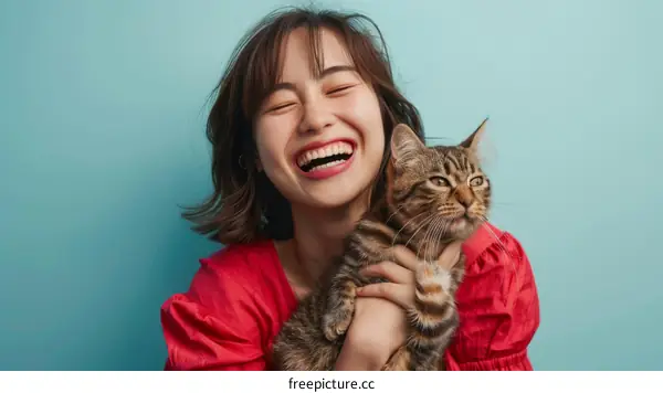 A young Asian woman is laughing while hugging a cat