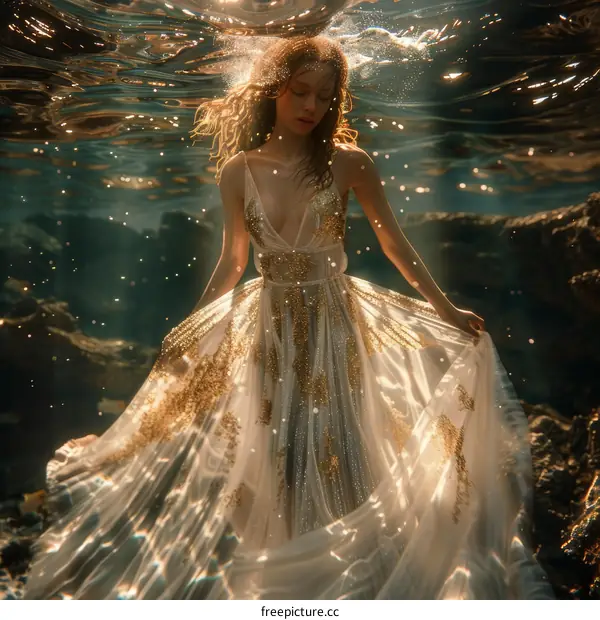 An ethereal vision of a woman in a golden dress floating underwater