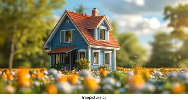 Small Blue House in a Field of Flowers