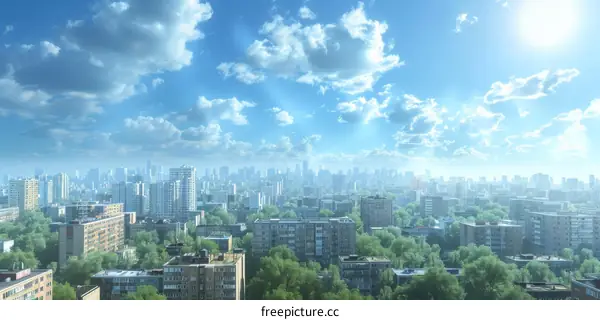 Cityscape with Blue Sky and White Clouds