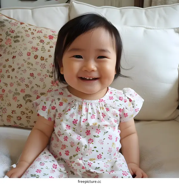 Smiling Asian Baby Girl Sitting On White Sofa
