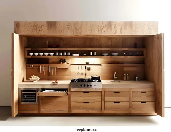 Minimalist Kitchen Design With Wooden Cabinets and Open Shelving