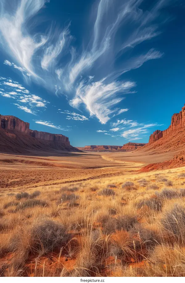 Arid desert landscape with blue sky and clouds