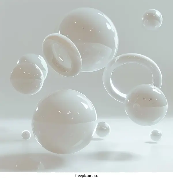 3D rendering of translucent and glossy spheres and rings in white