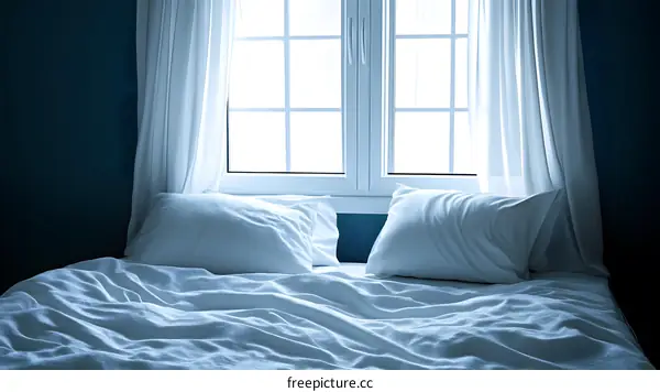 White Bed With Two Pillows Against Blue Wall Window