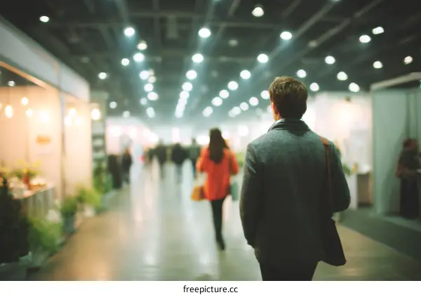 Busy Exhibition Hall with People Walking
