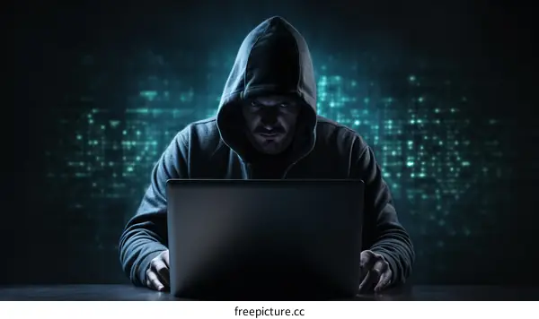 A hacker in a dark room with a laptop