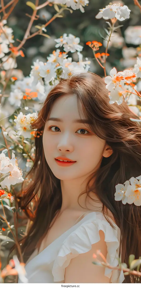 Beautiful Woman In White Dress Among White Flowers