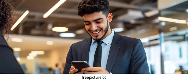 Smiling Businessman Using Smartphone in Office