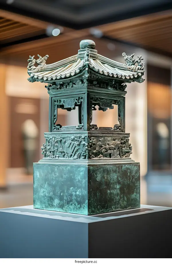Ancient Chinese Bronze Sculpture with Intricate Carvings and Pagoda Roof