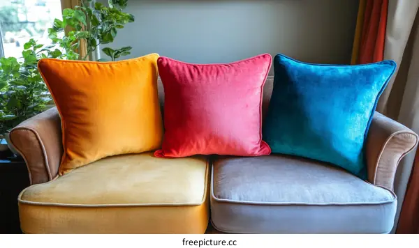 Colorful Velvet Throw Pillows on a Sofa