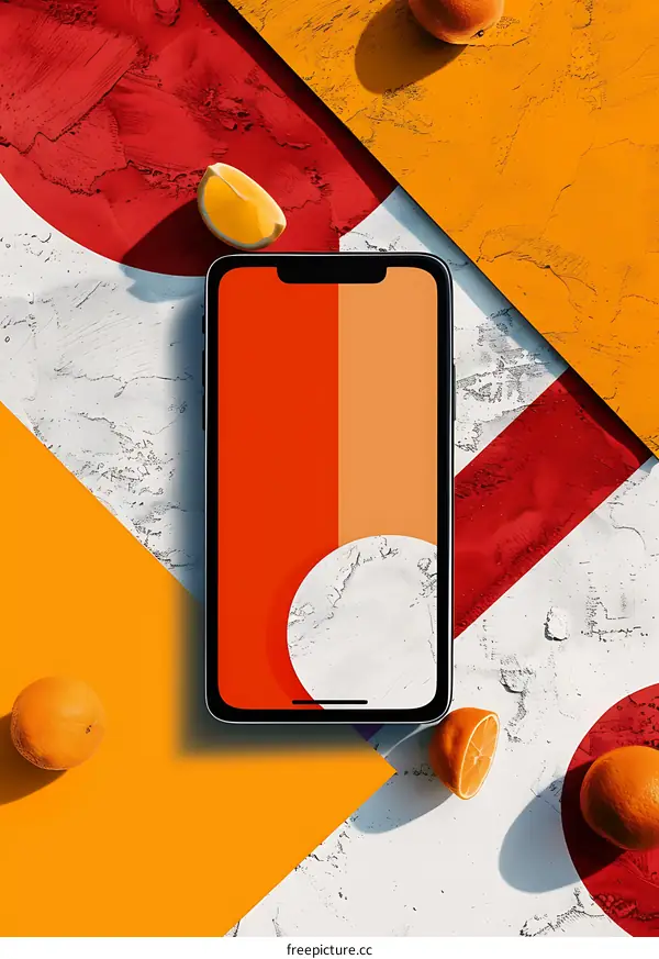 Modern Minimalist Smartphone Mockup with Oranges and Geometric Shapes