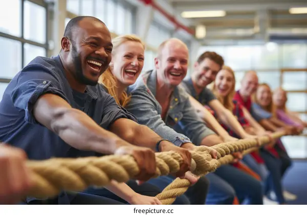 tug of war game with diverse group of people