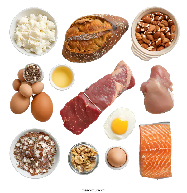 [Transparent Background PNG]Healthy Food, Meat, Fish, Bread, Eggs, Nuts, Dairy, and Grains