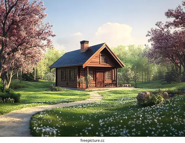 Log Cabin in Springtime Forest with Blooming Trees