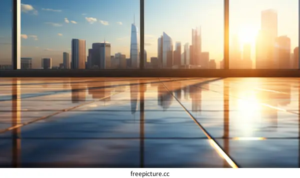 Modern cityscape with skyscrapers and sunlight reflecting on the floor
