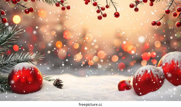 Christmas Ornaments Under the Light of Snow Covered Trees